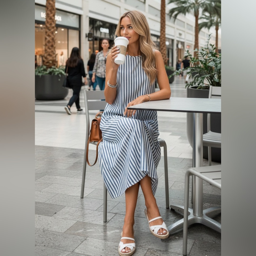✨101- Elegant Blue and White Striped Midi Dress